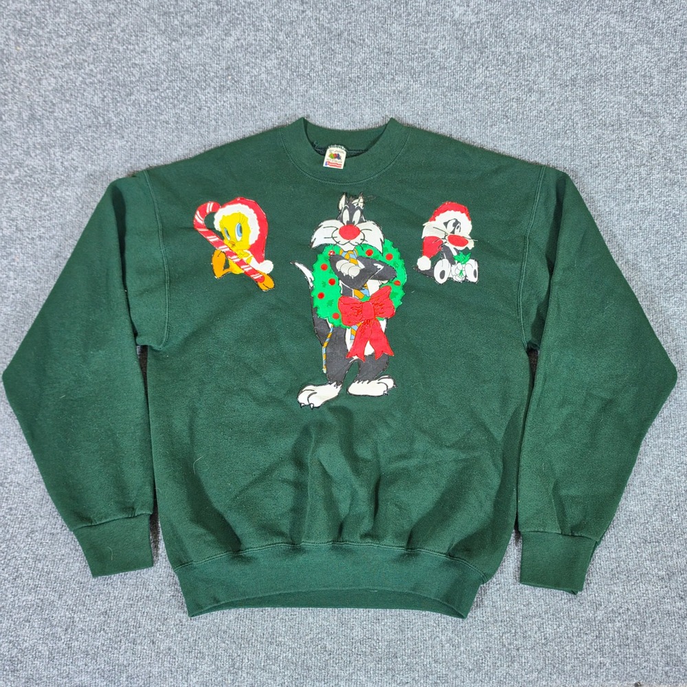 Vintage Looney Tunes Christmas Sweatshirt Sylvester Tweety Green XL USA Made